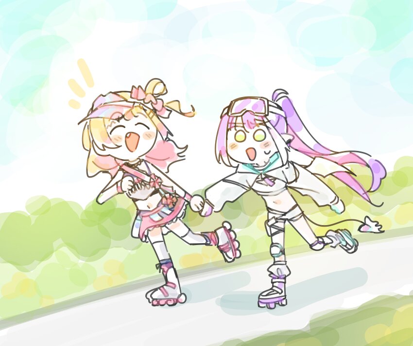 2girls :d ^_^ absurdres bare_arms bare_shoulders blonde_hair blush bow bow_skirt cheerleader closed_eyes clothes_writing colored_inner_hair commentary demon_tail demon_wings english_commentary eyeshadow facing_another goggles goggles_on_head gradient_hair green_eyes hair_rings highres holding_hands hololive inline_skates knee_pads layered_skirt legzy long_hair makeup medium_hair melting_tail midriff miniskirt momosuzu_nene momosuzu_nene_(cheerleader) multicolored_hair multiple_girls navel official_alternate_costume official_alternate_hairstyle one_side_up open_mouth outdoors pink_eyeshadow pink_hair pink_headwear pink_sash pink_skirt purple_hair roller_skates sash short_shorts shorts shrug_(clothing) sideways_hat single_hair_ring skates skating skirt smile strapless sweatdrop tail tank_top thighhighs tokoyami_towa tokoyami_towa_(cyberpunk) tube_top virtual_youtuber visor_cap waist_bow white_shorts white_tank_top white_thighhighs white_tube_top white_wings wings wrist_cuffs ||/