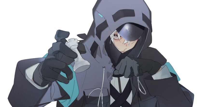 1other arknights black_gloves black_jacket chess_piece doctor_(arknights) gloves holding holding_chess_piece hood hooded_jacket jacket looking_at_viewer purple_eyes rook_(chess) simple_background solo upper_body wagaya43 white_background white_hair