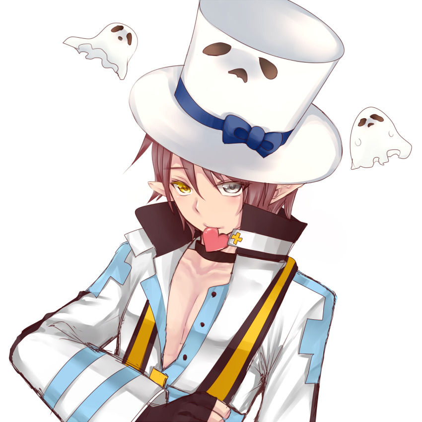 1boy arch_bishop_(ragnarok_online) black_choker black_gloves blue_bow blue_coat bow brown_hair choker closed_mouth coat commentary fingerless_gloves ghost gloves grey_eyes hat hat_bow heart heterochromia highres jacket long_sleeves looking_at_viewer male_focus pointy_ears ragnarok_online sheet_ghost shirokuro_(erisnoa) short_hair simple_background smile solo top_hat upper_body whisper_(ragnarok_online) white_background white_hat white_jacket yellow_eyes
