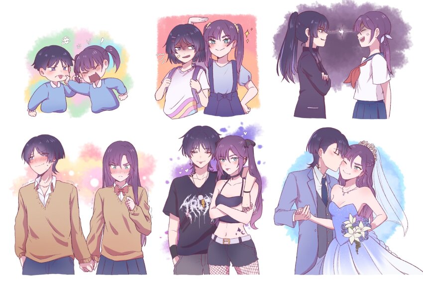 1boy 1girl aged_down aged_up alternate_costume alternate_hair_length alternate_hairstyle alternate_universe androgynous aqua_eyes aqua_sleeves arm_around_shoulder arm_at_side arm_behind_back arm_over_shoulder backpack bag bandaid bandaid_on_face bare_shoulders belt black_camisole black_choker black_shirt black_shorts black_track_suit blouse blue_dress blue_necktie blue_sailor_collar blue_skirt blunt_bangs blunt_ends blush bouquet bow bowtie bracelet braid breasts bridal_veil brown_cardigan brown_sleeves buckle camisole cardigan cheek_pinching child choker cleavage closed_eyes collarbone collared_shirt contemporary couple crescent_tattoo cropped_shirt cross cross_choker cross_earrings crossed_arms dress dress_shirt ear_piercing earrings eye_contact eyeliner eyes_visible_through_hair eyeshadow face-to-face feathers fishnet_thighhighs fishnets flame_tattoo flower genshin_impact grabbing_another&#039;s_hair gradient_hair grey_vest hair_between_eyes hair_down hair_flower hair_ornament hair_scrunchie hairclip half_up_braid hand_in_pocket hand_up heart height_difference hetero high_ponytail highres holding holding_bouquet holding_hands jacket jewelry kindergarten_uniform kiss kissing_cheek lapels layered_sleeves lightning_glare long_sleeves looking_at_another looking_at_viewer looking_down looking_to_the_side looking_up makeup middle_ring midriff mona_(genshin_impact) multicolored_hair navel naysucc neckerchief necklace necktie one_eye_closed open_clothes open_jacket open_mouth parted_bangs parted_lips piercing pinching pink_shirt pleated_skirt pom_pom_(clothes) ponytail puberty puffy_sleeves purple_bag purple_bow purple_eyes purple_jacket purple_skirt purple_sleeves red_bow red_bowtie red_eyeliner red_eyeshadow red_neckerchief sailor_collar scaramouche_(genshin_impact) school_uniform scrunchie serafuku shaded_face shirt short_eyebrows short_hair shorts shoulder_tattoo sidelocks sideways_glance skirt sleeveless sleeveless_dress sleeveless_shirt smug spaghetti_strap star_tattoo strapless strapless_dress string suit_jacket suspender_skirt suspenders t-shirt tattoo thighhighs time_lapse tongue tongue_out track_suit trembling twintails v-shaped_eyebrows veil vest wanderer_(genshin_impact) wavy_mouth wedding white_background white_belt white_flower white_scrunchie white_serafuku white_shirt white_sleeves white_undershirt white_veil wrist_wrap wristband yellow_feathers
