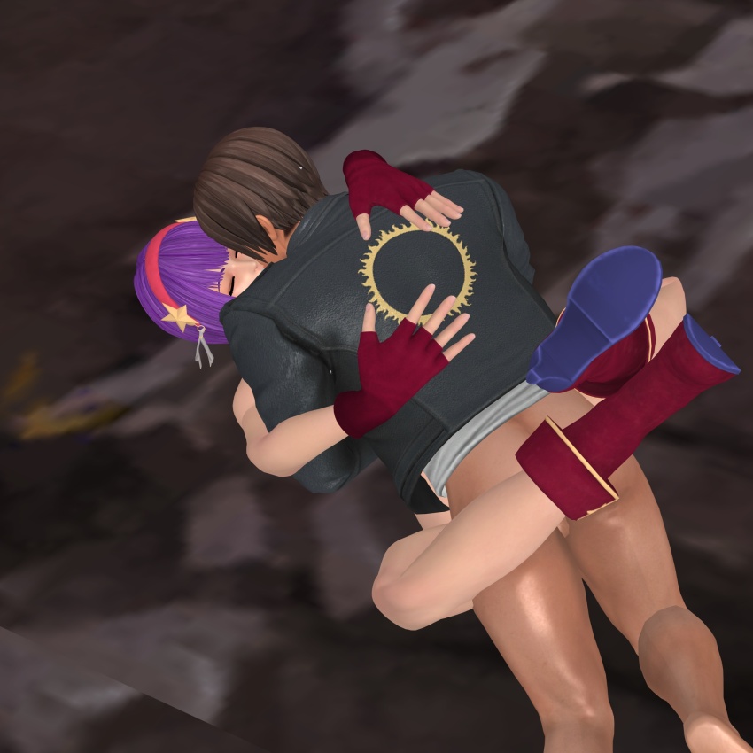 3d asamiya_athena boots brown_hair closed_eyes hair_ornament hairband heel_up highres idol kusanagi_kyou legs_up mating_press missionary psycho_soldier purple_hair sex short_hair snk star_(symbol) star_hair_ornament sun the_king_of_fighters the_king_of_fighters_xv vaginal xnalara_(medium)
