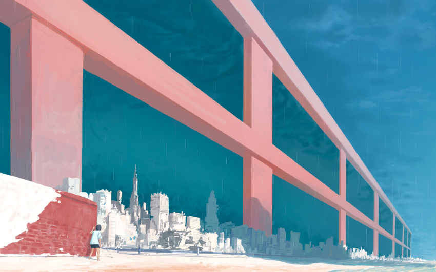 absurdres blue_sky cityscape clear_sky feitu233 from_below highres horizon no_humans original outdoors rain scenery shadow sky