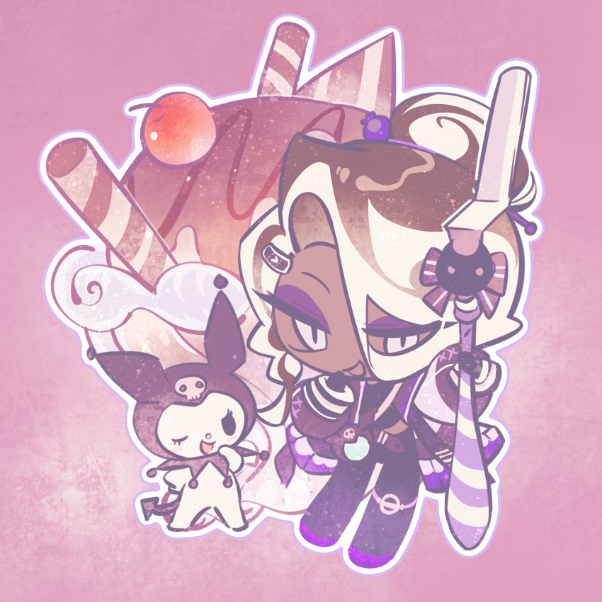 1boy 1girl :d affogato_cookie alternate_costume androgynous braided_sidelock brown_hair cherry chibi chibi_only colored_eyelashes cookie_run cookie_run:_kingdom cream_puff curtained_hair food fruit hair_between_eyes hair_bun half-closed_eyes highres holding kuromi looking_at_viewer male_focus no_sclera object_request onegai_my_melody open_mouth outline pink_background sanrio short_hair shu_(pjxv7485) sideways_glance smile wafer_stick white_eyelashes white_hair white_outline