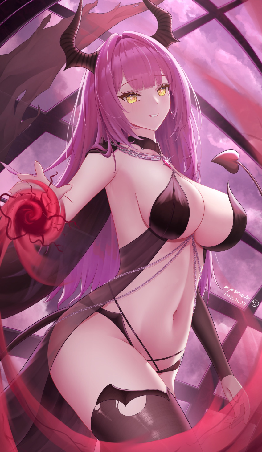 1girl absurdres artist_name azur_lane black_cape breasts brown_panties brown_sleeves brown_thighhighs cape casting_spell chain commentary cowboy_shot demon_horns demon_tail detached_sleeves devonshire_(azur_lane) devonshire_(sadistic_demon)_(azur_lane) eeyoosekedooaat electricity gem glowing glowing_eyes heart heart-shaped_pupils highres horns large_breasts long_hair looking_at_viewer magic official_alternate_costume panties purple_hair red_gemstone revealing_clothes see-through_clothes smile solo symbol-shaped_pupils tail thighhighs torn_clothes torn_thighhighs underwear yellow_eyes