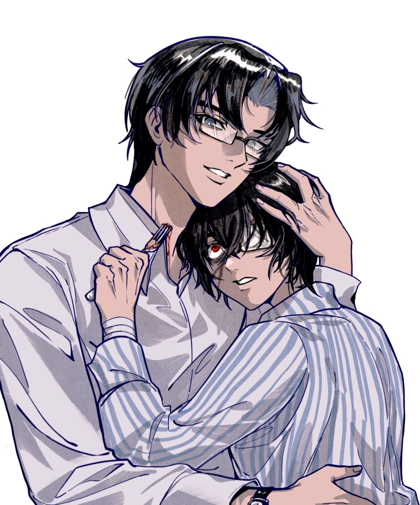 2boys absurdres alternate_universe bandaged_arm bandages black_hair bleeding blood blood_on_neck collared_shirt dao_gui_yi_xian eyepatch fork glasses grey_eyes hand_on_another&#039;s_head height_difference highres holding holding_fork hospital_gown hug li_huowang li_huowang_(modern_world) long_sleeves looking_at_another looking_at_viewer male_focus medical_eyepatch multiple_boys official_alternate_costume official_alternate_hair_length official_alternate_hairstyle one_eye_covered parted_lips qing_wanglai red_eyes scar scar_on_face shirt short_hair simple_background smile stab striped_clothes striped_shirt teeth upper_body vertical-striped_clothes vertical-striped_shirt watch white_background white_shirt wristwatch wuzi3742 yaoi