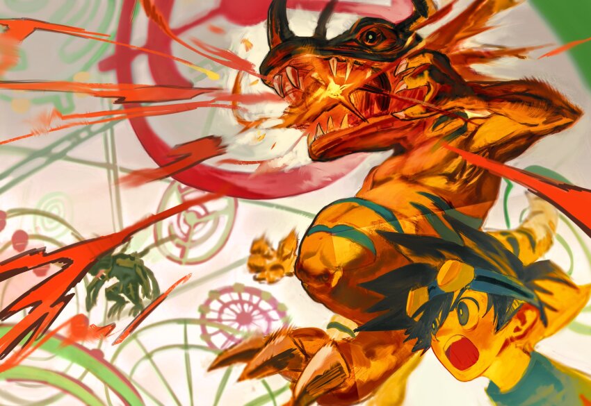 3boys absurdres battle beetle breath_weapon brown_hair bug digimon digimon_(creature) digimon_adventure digimon_adventure:_bokura_no_war_game dinosaur ferris_wheel fire goggles greymon highres horns insect insect_wings internet kabuterimon kwajia3 multiple_boys powering_up sharp_teeth tail teeth window_(computing) wings yagami_taichi