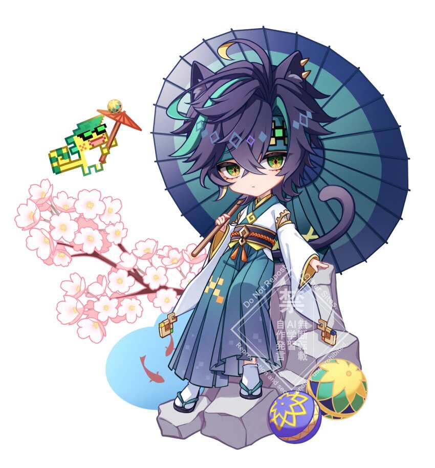 1boy ajaw_(genshin_impact) animal_ear_fluff animal_ear_piercing animal_ears antenna_hair aqua_hakama aqua_headband ball black_hair black_sandals black_sash blonde_hair blue_hakama branch cat_boy cat_ears cat_tail cherry_blossoms chibi closed_mouth commentary_request crossed_bangs ear_piercing expressionless fish flower genshin_impact gradient_hakama green_eyes green_hair hair_between_eyes hakama hakama_pants hand_up headband highres holding holding_umbrella japanese_clothes kimono kinich_(genshin_impact) long_sleeves looking_at_viewer male_focus mochiii-s multicolored_eyes multicolored_hair obi obiage obijime oil-paper_umbrella pants parted_bangs piercing pink_flower rock sandals sash short_hair simple_background socks solo spiked_ear_piercing streaked_hair tabi tail tassel temari_ball umbrella watermark white_background white_kimono white_socks wide_sleeves yellow_eyes zouri
