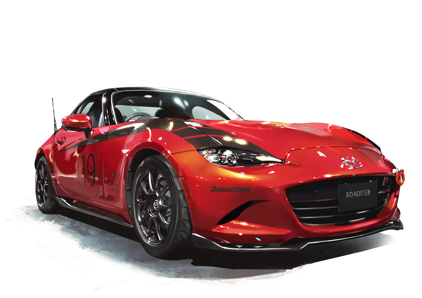 absurdres bridgestone car eunos_roadster highres masa_(siriusu-koko) mazda mazda_mx-5 mazda_mx-5_nd motor_vehicle original radio_antenna red_car shadow simple_background sponsor sports_car vehicle_focus white_background