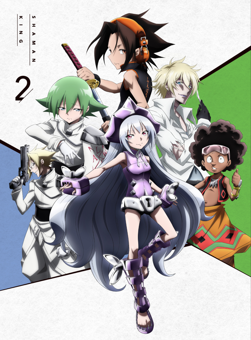 1girl 5boys absurdres armor armored_leotard asakura_yoh bare_shoulders black_hair blonde_hair chocolove_mcdonell dark_skin full_body green_hair hairband headphones helmet highres holding holding_sword holding_weapon injury iron_maiden_jeanne johann_faust_viii katana leotard long_hair looking_at_viewer looking_to_the_side lyserg_diethel marco_lasso military military_uniform multiple_boys official_art shaman_king silver_hair smile spiked_hair sword umemiya_ryuunosuke very_long_hair weapon wings x-laws