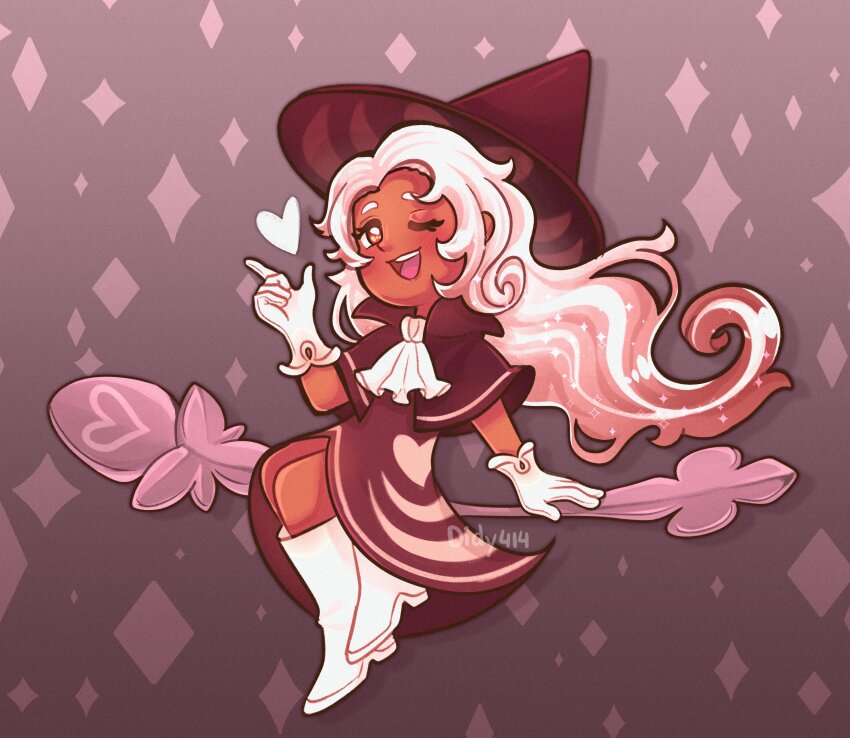1girl absurdres ascot black_capelet brown_capelet brown_dress brown_eyes brown_hat capelet cookie_run cookie_run:_kingdom dark-skinned_female dark_skin didy414 dress dress_form elf_hat food-themed_hat gloves hat highres humanization latte_cookie long_hair looking_at_viewer open_mouth smile solo unconventional_broom very_long_hair white_ascot white_gloves white_hair witch witch_hat wizard
