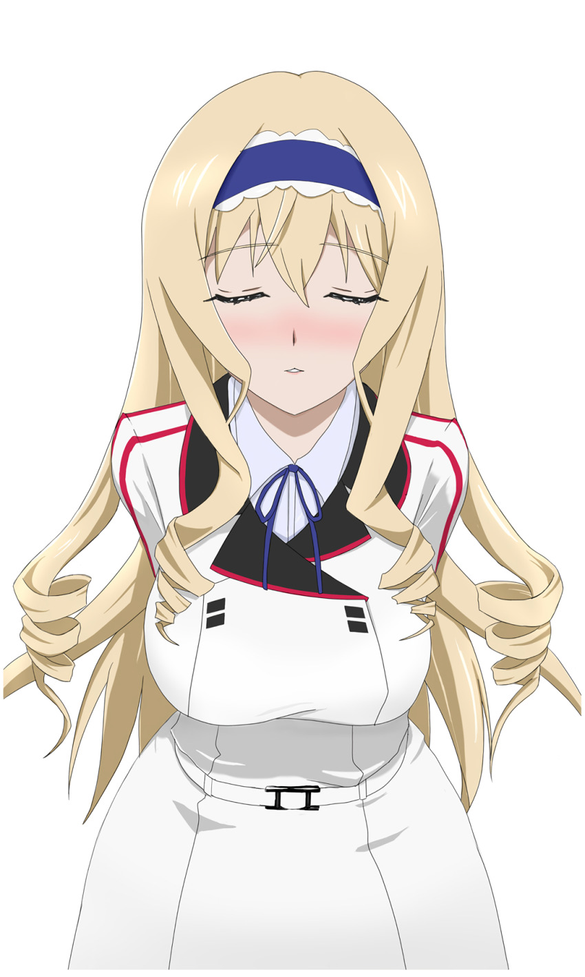 1girl arms_behind_back blonde_hair blush breasts cecilia_alcott closed_eyes drill_hair headband highres incoming_kiss infinite_stratos large_breasts legs long_hair parted_lips pink_lips school_uniform solo super_freedam thighs very_long_hair