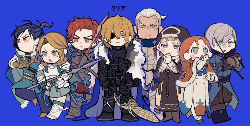 3girls 5boys :/ annette_fantine_dominic annette_fantine_dominic_(timeskip) aqua_eyes aqua_tunic areadbhar_(fire_emblem) armor armored_skirt ashe_ubert ashe_ubert_(timeskip) bags_under_eyes belt black_armor black_belt black_dress black_footwear black_fur black_shawl blonde_hair blue_background blue_coat blue_footwear blue_hair blue_hood blue_pants blue_ribbon boots bow_(weapon) breastplate brown_belt brown_footwear brown_gloves brown_pants c4vknggjci51182 capelet clasp closed_mouth coat commentary_request dark-skinned_male dark_blue_hair dark_skin dedue_molinaro dedue_molinaro_(timeskip) dimitri_alexandre_blaiddyd dimitri_alexandre_blaiddyd_(timeskip) downcast_eyes dress ear_piercing earrings eyepatch facial_scar felix_hugo_fraldarius felix_hugo_fraldarius_(timeskip) fire_emblem fire_emblem:_three_houses freckles frilled_sleeves frills frown fur-trimmed_collar fur-trimmed_hood fur_trim gauntlets gloves greaves green_eyes grey_eyes hair_between_eyes hair_intakes hair_ribbon hair_slicked_back hand_up holding holding_bow_(weapon) holding_polearm holding_weapon hood ingrid_brandl_galatea ingrid_brandl_galatea_(timeskip) jewelry leggings long_dress long_sleeves looking_ahead looking_at_viewer looking_up mercedes_von_martritz mercedes_von_martritz_(timeskip) multicolored_armor multicolored_dress multiple_belts multiple_boys multiple_girls neck_ribbon nintendo one_eye_covered open_mouth orange_capelet orange_eyes orange_hair ornate_weapon outstretched_arm own_hands_clasped own_hands_together pants parted_bangs pauldrons piercing polearm ponytail praying purple_eyes red_eyes red_fur red_hair ribbon scar scar_on_cheek scar_on_face shawl shirt short_ponytail shoulder_armor simple_background spear standing standing_on_one_leg sword sylvain_jose_gautier sylvain_jose_gautier_(timeskip) tassel thick_eyebrows translation_request tunic turtleneck weapon white_armor white_fur white_hair white_leggings white_shirt winged_footwear
