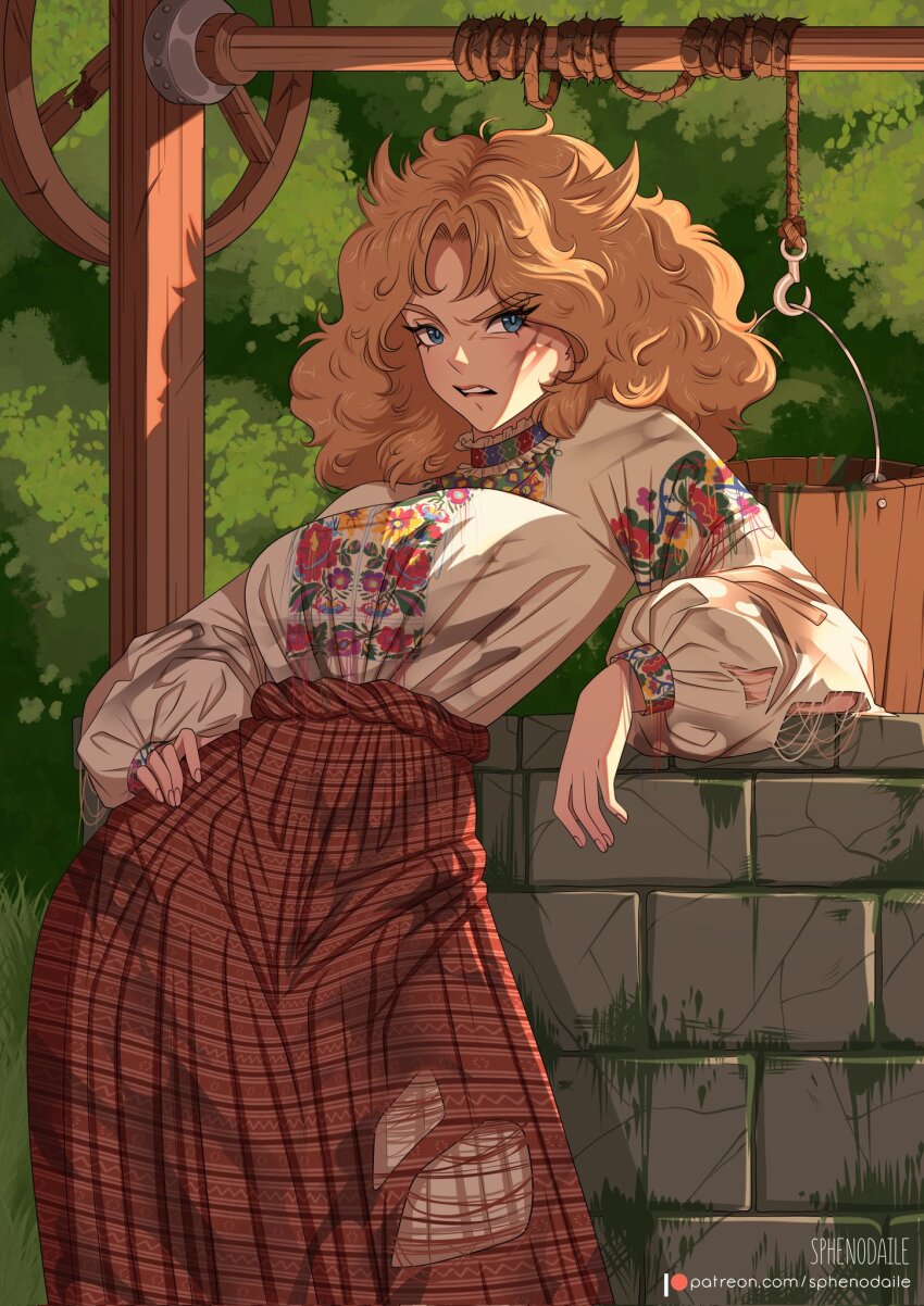 1girl annoyed blue_eyes bucket gloves hand_on_own_hip highres looking_to_the_side messy_hair original red_skirt shirt skirt slavic_clothes sphenodaile standing torn_clothes torn_gloves traditional_clothing vyshyvanka well white_shirt wooden_bucket