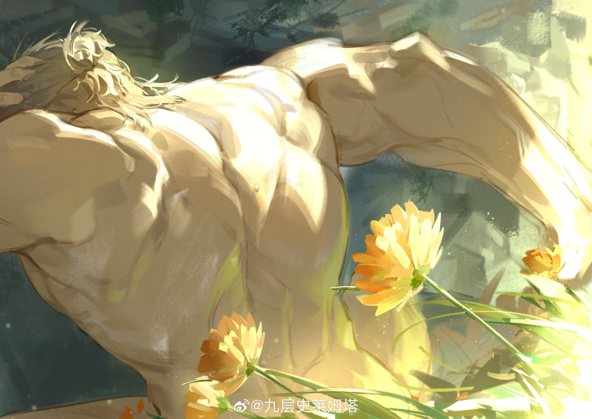 1boy absurdres ass_peek back_muscles baldur&#039;s_gate baldur&#039;s_gate_3 bara brown_hair convenient_censoring elf flower from_behind from_side halsin highres lee999nine male_focus mature_male medium_hair muscular muscular_male nude orange_flower pectorals picture_frame pointy_ears sidepec solo sunlight thick_eyebrows