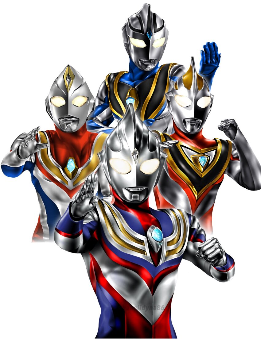 4boys alien armor blue_gemstone blue_skin breastplate clenched_hand collarbone color_timer colored_skin commentary compound_eyes cowboy_shot cropped_torso crystal dorsal_fin fighting_stance forehead_jewel gem glowing glowing_eyes gold_trim hands_up hanejidyna86 highres in-franchise_crossover looking_at_viewer looking_down male_focus multicolored_skin multiple_boys outstretched_arm pectorals purple_skin red_skin silver_skin silver_trim simple_background tokusatsu twitter_username ultra_series ultraman_agul ultraman_dyna ultraman_dyna_(flash_type) ultraman_dyna_(series) ultraman_gaia ultraman_gaia_(series) ultraman_tiga ultraman_tiga_(multi_type) ultraman_tiga_(series) white_background white_eyes wrinkled_skin yellow_eyes