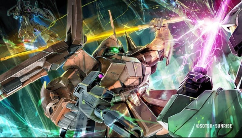 aeug artist_request assault_visor battle beam_rifle cable company_name copyright_notice duel energy energy_beam energy_gun energy_sword glowing green_eyes gundam gundam_battle_operation_2 hizack holding holding_sword holding_weapon machinery marasai mecha mecha_focus mobile_suit nemo_(mobile_suit) no_humans official_art one-eyed pink_eyes robot science_fiction shield shoulder_spikes spikes sunrise_(company) sword titans_(gundam) weapon yellow_visor zeta_gundam