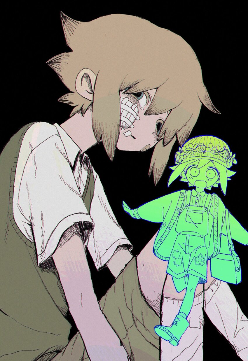 1boy bandaid bandaid_on_face basil_(faraway)_(omori) basil_(omori) blonde_hair blue_eyes blush collared_shirt flower green_sweater_vest hat head_wreath highres long_sleeves looking_at_viewer male_focus official_alternate_costume omori open_mouth overall_shorts overalls shirt short_hair short_sleeves smile socks solo sweater_vest tate_ware_anal white_shirt white_socks