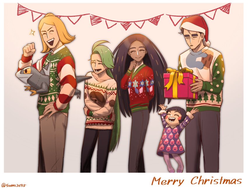 2boys 3girls arctibax arm_behind_back black_hair blonde_hair blush child christmas_sweater clenched_hand clodsire closed_eyes commentary_request creatures_(company) dark-skinned_female dark_skin dress game_freak geeta_(pokemon) gen_7_pokemon gift glimmet green_hair hand_on_own_hip hassel_(pokemon) hat highres holding holding_gift komala larry_(pokemon) long_hair merry_christmas multiple_boys multiple_girls nintendo nose_blush open_mouth paldean_wooper pokemon pokemon_sv ponytail poppy_(pokemon) print_sweater purple_dress rika_(pokemon) santa_hat short_hair sleeping sleeping_upright smile suma3695 sweater thick_eyebrows tinkatink twitter_username very_long_hair
