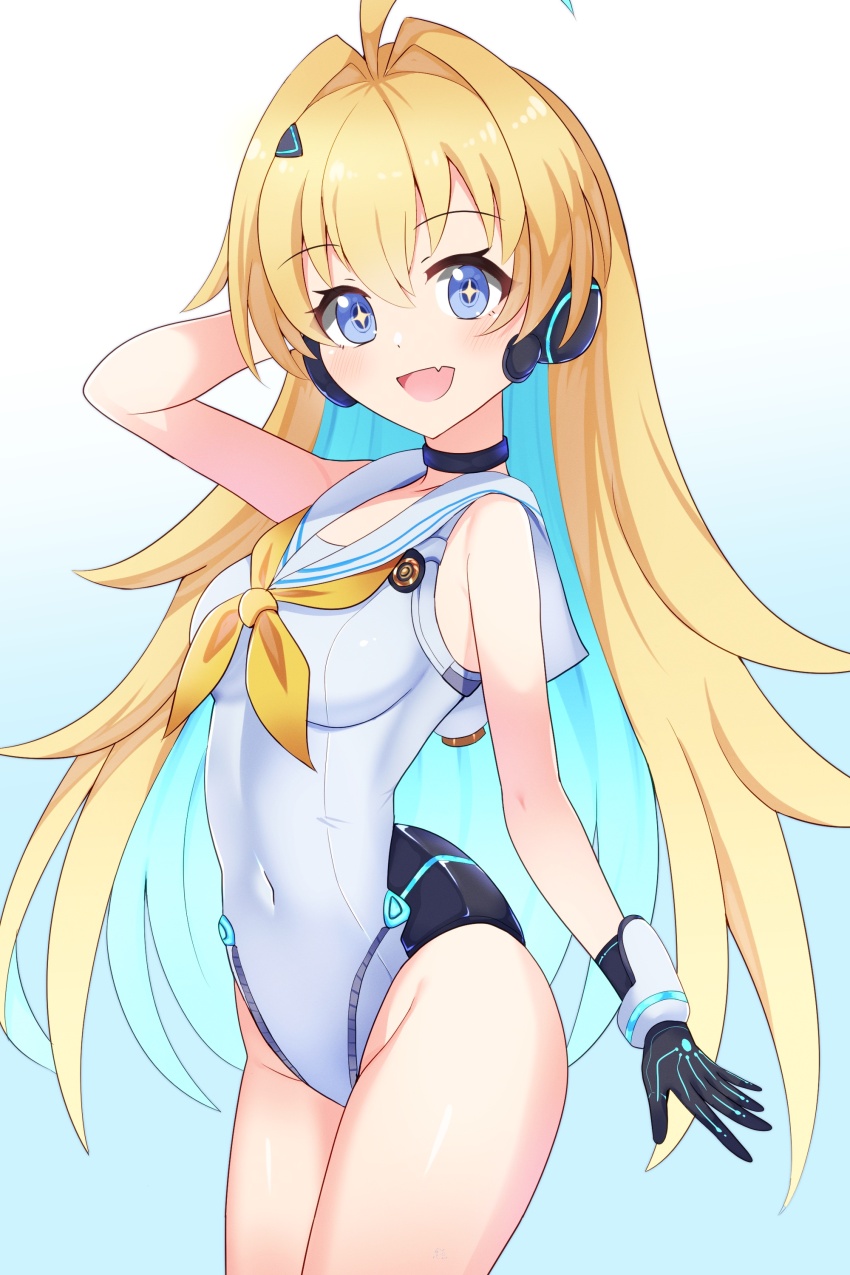 1girl absurdres ahoge android black_collar blonde_hair blue_eyes blue_hair breasts collar colored_inner_hair cowboy_shot highres long_hair maruq_2826 multicolored_hair neckerchief one-piece_swimsuit ralmia_(shadowverse) sailor_collar shadowverse solo star-shaped_pupils star_(symbol) swimsuit symbol-shaped_pupils thighs two-tone_hair white_one-piece_swimsuit white_sailor_collar yellow_neckerchief