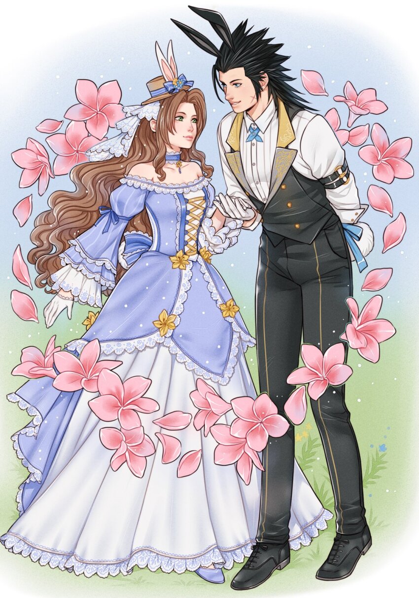 1boy 1girl aerith_gainsborough aerith_gainsborough_(classic_coney) animal_ears arm_behind_back arm_ribbon bare_shoulders black_hair black_pants black_vest blue_choker blue_dress blue_eyes blue_ribbon brown_hair butler choker collared_shirt commentary couple cross_scar crylin6 dress easter english_commentary facial_scar final_fantasy final_fantasy_vii final_fantasy_vii_ever_crisis flower frilled_choker frilled_dress frills full_body gloves grass green_eyes hair_slicked_back hat height_difference highres holding_hands lips long_dress long_hair looking_at_another off-shoulder_dress off_shoulder official_alternate_costume pants parted_bangs parted_lips pink_flower rabbit_ears rabbit_tail ribbon scar scar_on_cheek scar_on_face shirt sidelocks smile spiked_hair standing tail vest wavy_hair white_gloves white_shirt yellow_flower zack_fair zack_fair_(bunny_butler)