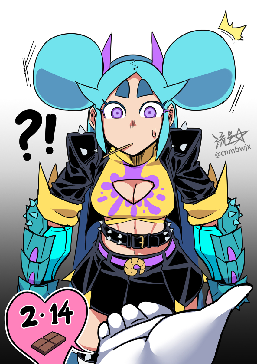 !? 1girl 1other arm_guards belt belt_buckle black_belt black_jacket black_skirt blue_hair breasts buckle chocolate cleavage cleavage_cutout clothing_cutout commentary crop_top double_bun hair_bun heart highres jacket medium_breasts navel original pov pov_hands purple_eyes ryuusei_(mark_ii) shrimball_(ryuusei_(mark_ii)) signature skirt spikes sweatdrop thick_eyebrows thighhighs twitter_username white_thighhighs