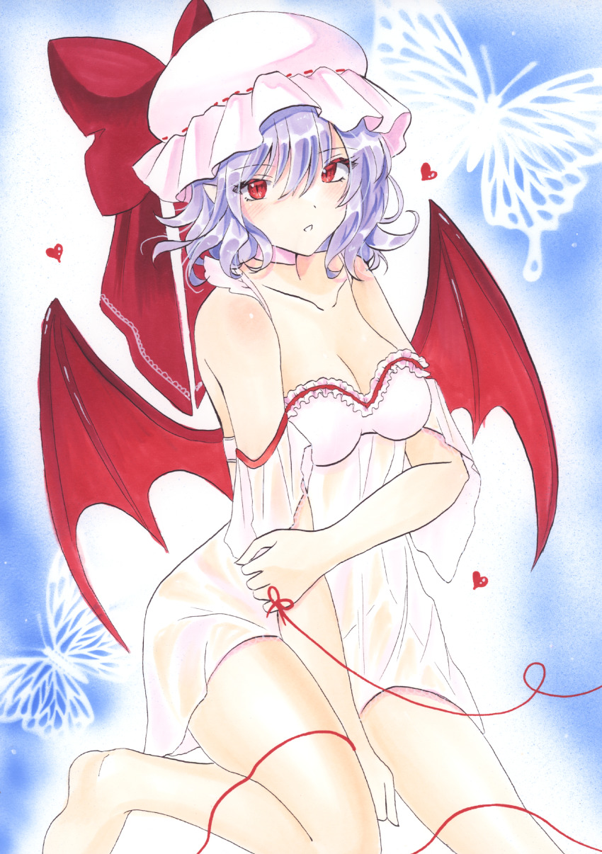 1girl absurdres babydoll bare_shoulders bat_wings blue_background blue_hair bow breasts bug butterfly cleavage collarbone commentary_request foot_out_of_frame hat hat_bow heart highres insect light_blush lingerie medium_breasts mob_cap no_panties parted_lips pink_babydoll pink_hat red_bow red_eyes red_wings remilia_scarlet see-through_clothes slit_pupils solo string string_of_fate thighs touhou underwear white_butterfly wings yamiichif