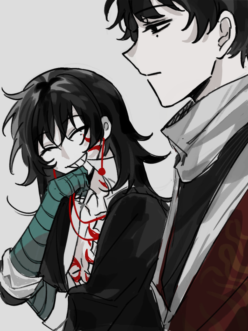2boys bandaged_arm bandages black_eyes black_hair black_jacket black_shirt cen_boyao chest_tattoo chinese_commentary closed_eyes closed_mouth colored_skin commentary_request earrings facial_tattoo grey_background grin highres jacket jewelry long_hair male_focus mole mole_under_eye multiple_boys neck_tattoo open_clothes open_jacket open_shirt qijilan red_jacket scarf shirt short_hair simple_background sleeves_rolled_up smile tattoo touqi_guaitan white_scarf white_shirt white_skin zhao_yuwen