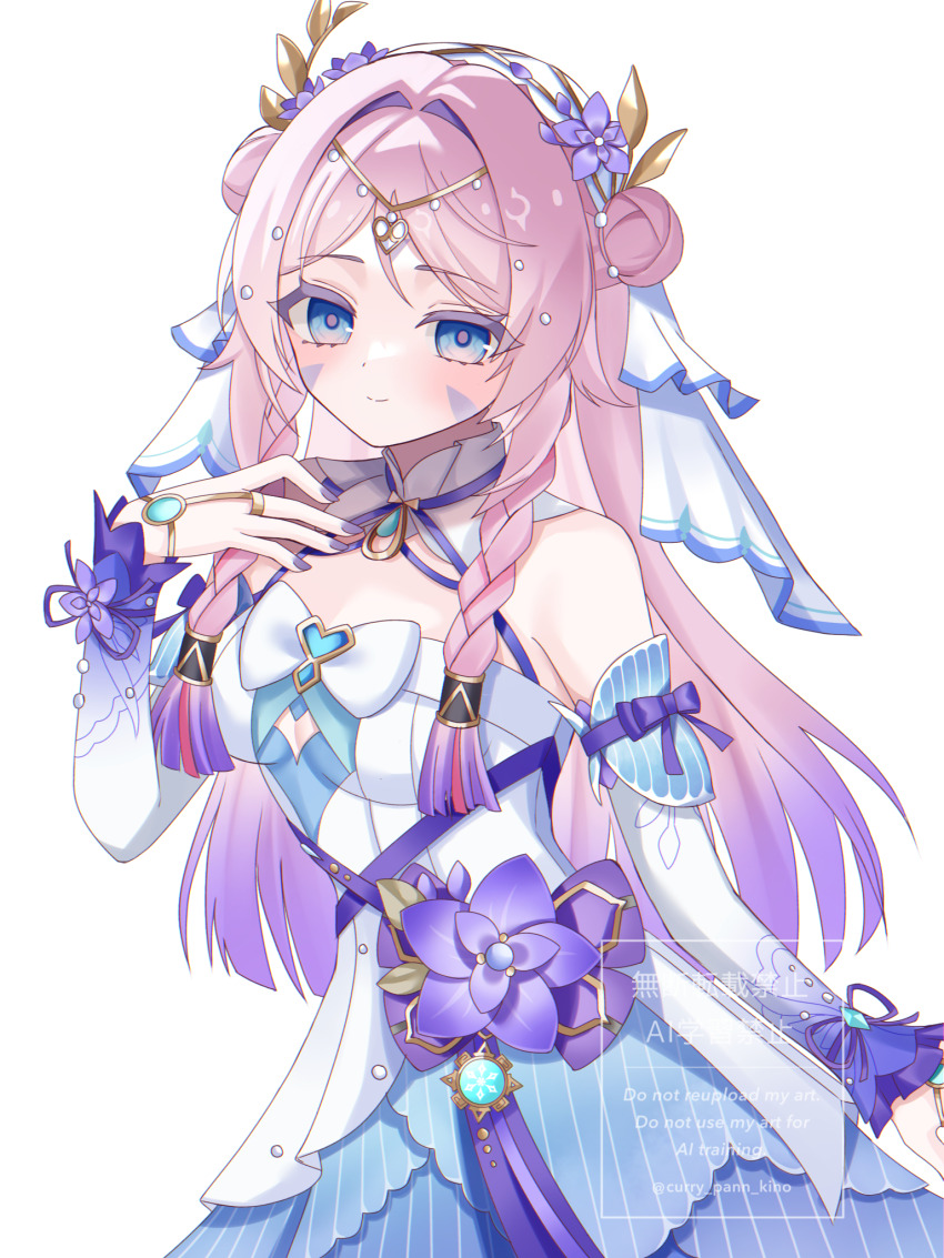 1girl alternate_costume bare_shoulders blue_dress blue_eyes blue_gemstone blue_ribbon blue_sleeves blush breasts circlet citlali_(genshin_impact) closed_mouth commentary_request cosplay cryo_symbol_(genshin_impact) detached_sleeves double_bun dress facial_mark fingernails flower gem genshin_impact hair_bun hair_flower hair_ornament hand_up highres kino_(curry_pan) long_hair long_sleeves looking_at_viewer medium_breasts multicolored_dress multicolored_hair multicolored_sleeves nail_polish nilou_(breeze_of_sabaa)_(genshin_impact) nilou_(genshin_impact) nilou_(genshin_impact)_(cosplay) pink_hair pink_pupils purple_flower purple_hair purple_nails revision ribbon sleeveless sleeveless_dress smile solo too_many_watermarks triangle triangle_facial_mark very_long_hair vision_(genshin_impact) watermark white_background white_dress white_sleeves