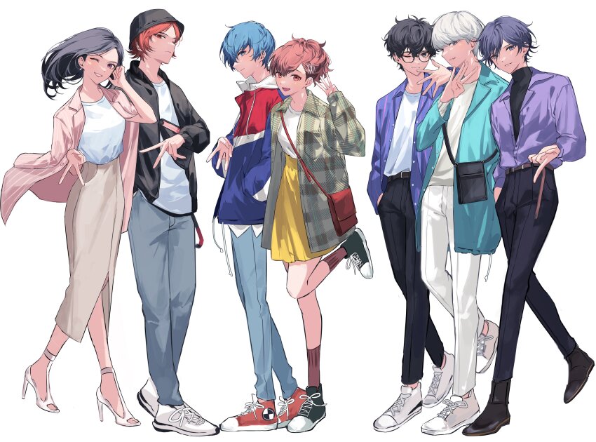 2girls 5boys absurdres alternate_costume amamiya_ren amano_maya bag belt bishounen black_bag black_hair black_hat black_jacket black_pants black_shoes black_undershirt blazer blue_eyes blue_hair blue_shirt breasts brown_bag brown_belt brown_eyes brown_hair bucket_hat casual closed_mouth collared_shirt earrings fanny_pack full_body glasses grey_eyes grey_hair grin hair_between_eyes hair_ornament hairclip hand_in_pocket hat head_tilt high-waist_skirt high_heels highres jacket jacket_on_shoulders jewelry leg_up long_sleeves looking_at_viewer male_focus mnce_o multiple_boys multiple_girls narukami_yu one_eye_closed open_clothes open_jacket open_mouth open_shirt pants partially_unbuttoned persona persona_1 persona_2 persona_2_batsu persona_2_tsumi persona_3 persona_3_portable persona_4 persona_5 pink_jacket plaid_clothes plaid_shirt purple_eyes purple_shirt red_eyes red_lips red_shoes red_socks shiomi_kotone shirt shirt_tucked_in shoes short_hair shoulder_bag simple_background skirt smile sneakers socks standing striped_clothes striped_jacket striped_shirt suou_tatsuya toudou_naoya turtleneck v vertical-striped_clothes vertical-striped_jacket w white_background white_pants white_shirt white_shoes white_undershirt yellow_skirt yuuki_makoto_(persona_3)