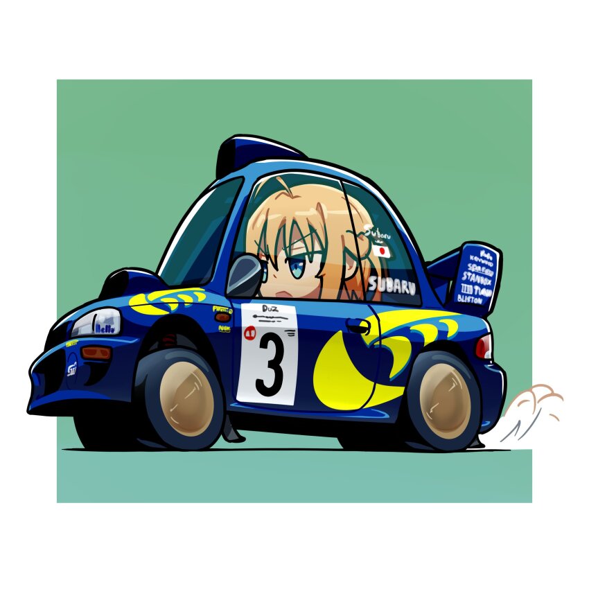 1girl absurdres ahoge blonde_hair border car chibi commentary duz english_commentary green_background highres japanese_flag konoe_subaru long_hair mayo_chiki! motor_vehicle name_connection open_mouth outside_border race_vehicle racecar rally_car smoke solo spoiler_(automobile) subaru_(brand) subaru_impreza v-shaped_eyebrows vehicle_focus white_border world_rally_championship