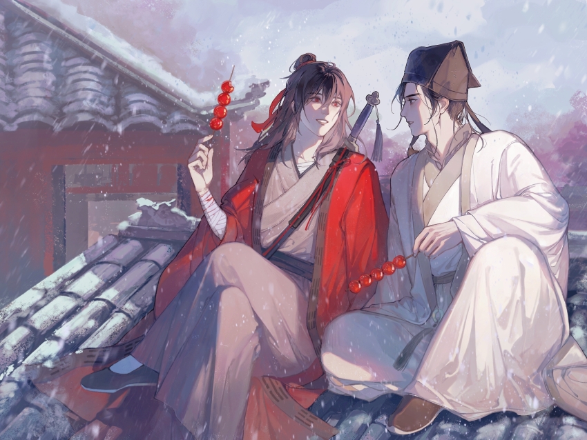 1815983628 2boys architecture bandaged_arm bandages black_eyes black_hair black_hat black_shoes blood bloody_bandages brown_hair building chinese_clothes chinese_commentary cloud coat crossed_legs dao_gui_yi_xian day east_asian_architecture eye_contact food grey_hanfu hair_between_eyes hair_bun hair_ribbon half_updo hand_up hanfu hat hat_ribbon highres holding holding_food jade_(gemstone) jin_(headwear) li_huowang long_hair long_sleeves looking_at_another male_focus multiple_boys on_roof open_clothes open_coat outdoors parted_lips profile red_coat red_eyes red_ribbon ribbon robe rooftop sash sheath sheathed shoes shoulder_belt single_hair_bun sitting sitting_on_roof sky smile snow snowing sword sword_on_back sword_tassel tanghulu tassel updo weapon weapon_on_back white_coat white_hanfu wide_sleeves winter yaoi yaopei zhouzi_jin_(headwear) zhuge_yuan