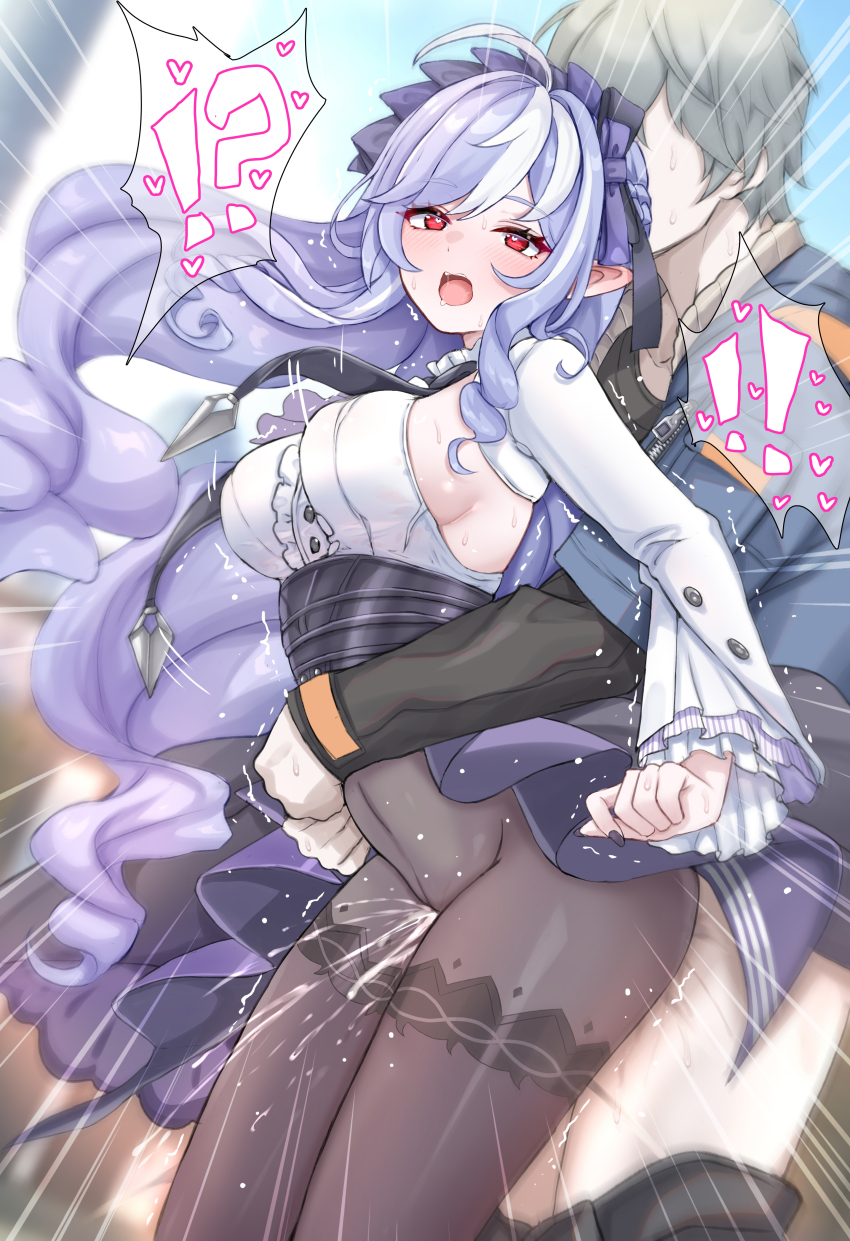 !? 1boy 1girl absurdres ahoge black_pantyhose black_shirt blue_jacket blue_sky blush bow breasts center_frills clothed_sex commentary couple cum daram_(shappydude) day denim denim_jacket dress ejaculation frills grey_hair hair_bow heart heart_in_eye hetero high-waist_skirt highres hug hug_from_behind jacket large_breasts large_variant_set long_sleeves md5_mismatch mole mole_under_eye multicolored_hair open_mouth outdoors pantyhose patterned_legwear pointy_ears purple_bow purple_eyes purple_hair purple_skirt red_eyes rolling_eyes sex sex_from_behind shirt short_hair showgirl_skirt sideboob skirt sky streaked_hair symbol_in_eye teeth two-tone_hair underbust upper_teeth_only variant_set vivian_banshee white_hair white_shirt wise_(zenless_zone_zero) zenless_zone_zero