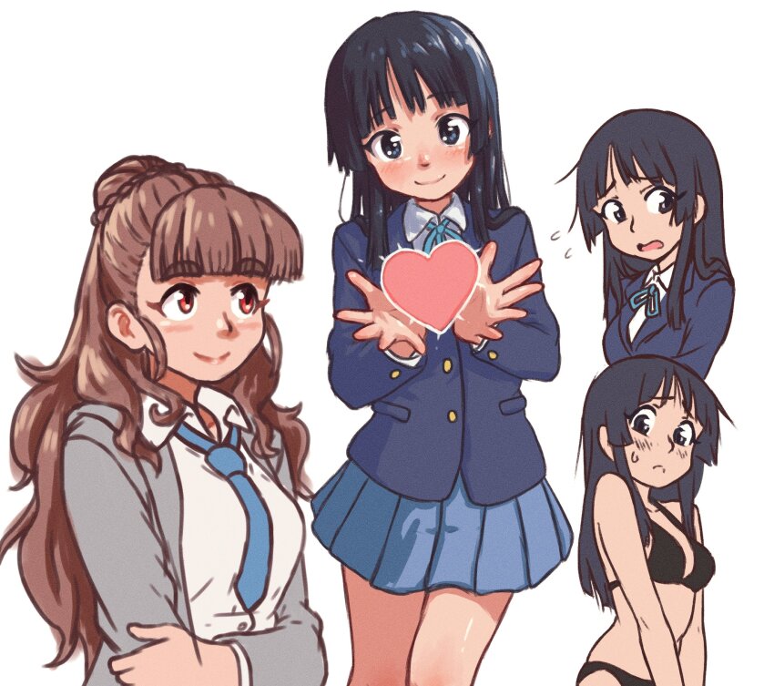 2girls akiyama_mio beachepisode bikini black_bikini black_eyes black_hair blue_necktie blue_skirt blunt_bangs blush breasts closed_mouth collared_shirt flying_sweatdrops grey_jacket heart highres idolmaster idolmaster_cinderella_girls jacket k-on! kamiya_nao long_sleeves looking_at_viewer medium_breasts multiple_girls necktie open_mouth pleated_skirt red_eyes sakuragaoka_high_school_uniform school_uniform shirt simple_background skirt smile swimsuit thick_eyebrows white_background