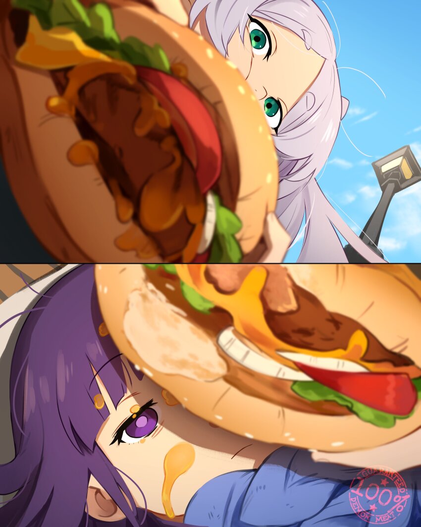 2koma ahoge blue_sky bread_bun burger comic day disgust english_text faceless fern_(sousou_no_frieren) food frieren frieren_lap_pillow_(meme) grease green_eyes grey_hair khyle. lap_pillow lettuce looking_down looking_up meme purple_eyes purple_hair scarf sky sousou_no_frieren tomato white_hair