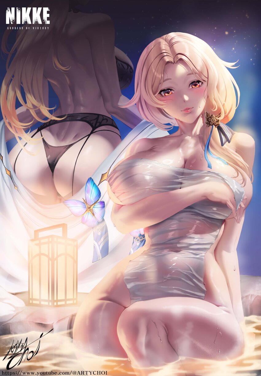 1girl absurdres artist_name artychoi ass back bare_shoulders black_bra black_panties blonde_hair blue_butterfly bra breasts bridgeless_bra bug butterfly butterfly_ornament collarbone copyright_name covered_navel from_behind garter_straps goddess_of_victory:_nikke hair_over_shoulder headband highres insect inset lamp large_breasts lingerie long_hair looking_at_viewer ludmilla_(nikke) ludmilla_(winter_owner)_(nikke) naked_towel onsen orange_hair panties parted_lips partially_submerged signature sitting solo towel underwear undressing water wet