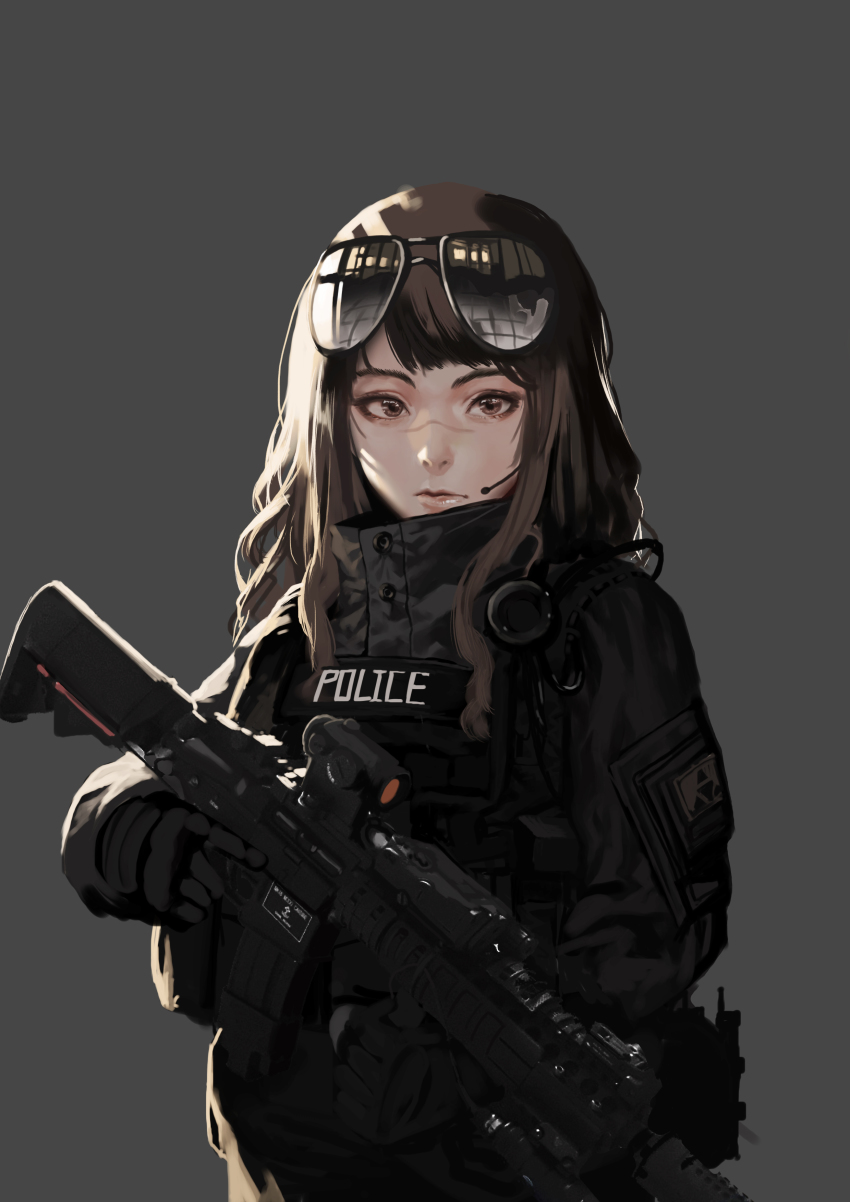 absurdres ar-15 aviator_sunglasses brown_eyes brown_hair flak_jacket gun headset high_collar highres ihobus jacket looking_at_viewer medium_hair original police reflection rifle scar scar_on_face scar_on_nose sight simple_background solo sunglasses sunglasses_on_head trigger_discipline weapon