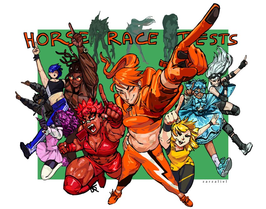 6+girls a_mysterious_figure black_hair blonde_hair blue_dress blue_eyes blue_hair bow breasts brown_hair brown_jacket bullet&#039;n_board cleavage comely_material_morning_(horse_race_tests) crop_top cyan_(horse_race_tests) dark_skin door_knob_(horse_race_tests) downtown_skybox dreadlocks dress elbow_pads fingerless_gloves foreshortening garbage_bin_(horse_race_tests) glasses gloves green_background hair_over_eyes highres horse_race_tests jacket jovial_merryment knee_pads knighttime_knifemare long_hair monster multiple_girls muscular muscular_female orange-tinted_eyewear orange_gloves orange_hair outside_border pants pink_hair pink_skirt pointing pointing_up red_hair resolute_mind_afternoon running shorts simple_background single_glove skirt smile sunglasses superstitional_realism sweater tinted_eyewear track_pants white_hair wristband yellow_(horse_race_tests) zarzaliel