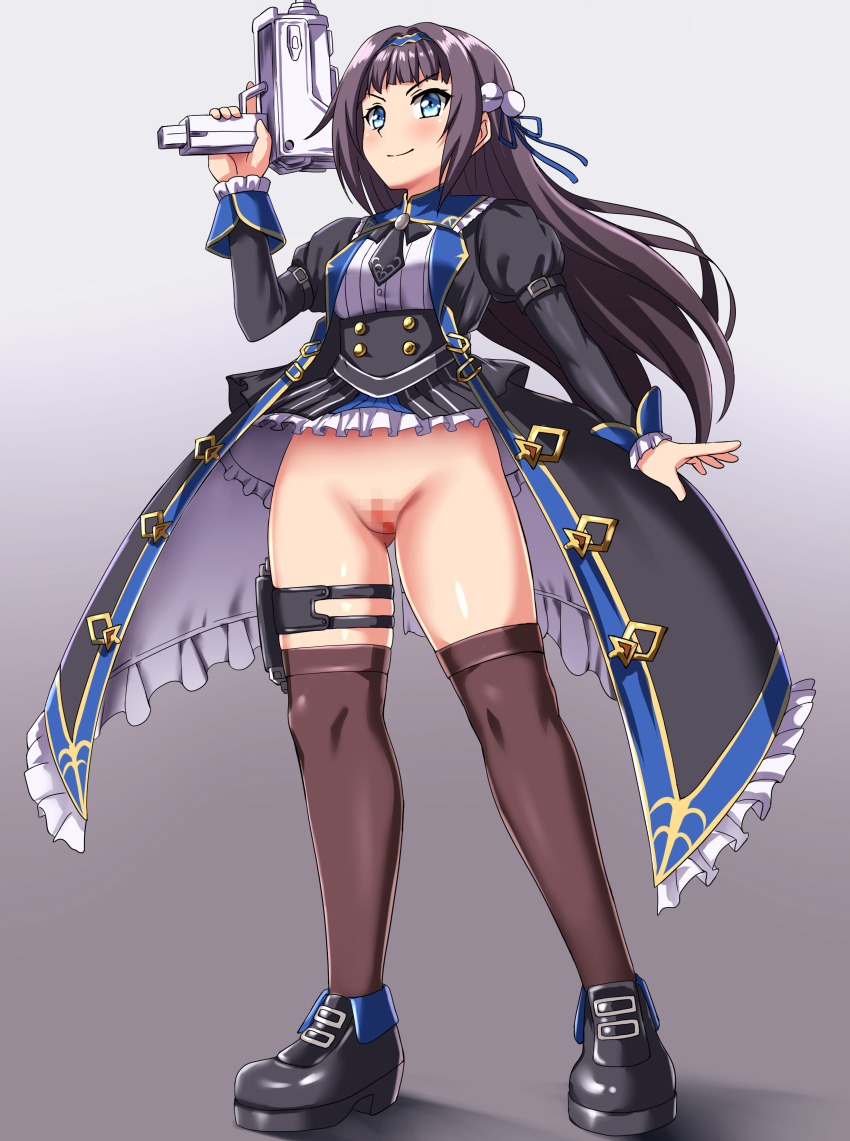 1girl absurdres blue_eyes blush breasts brown_hair censored coat commission frilled_skirt frills full_body gal_guardians gal_gun_(series) gun hairband high-waist_skirt highres juliet_sleeves kamizono_shinobu long_hair long_sleeves mac-10/11 medium_breasts microskirt mosaic_censoring no_panties pixiv_commission puffy_sleeves pussy revealing_clothes shiny_skin skindentation skirt smile solo submachine_gun thigh_strap thighhighs trigger_discipline very_long_hair weapon zanntetu
