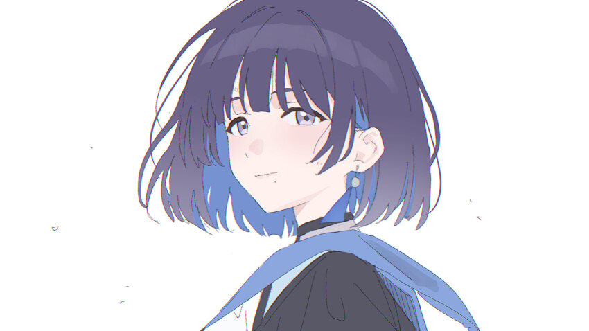 1girl blue_eyes colored_inner_hair earrings gakuen_idolmaster hataya_misuzu highres idolmaster jewelry light_smile looking_at_viewer looking_to_the_side mikazuchi_zeus mole mole_under_mouth multicolored_hair purple_eyes simple_background small_sweatdrop solo white_background