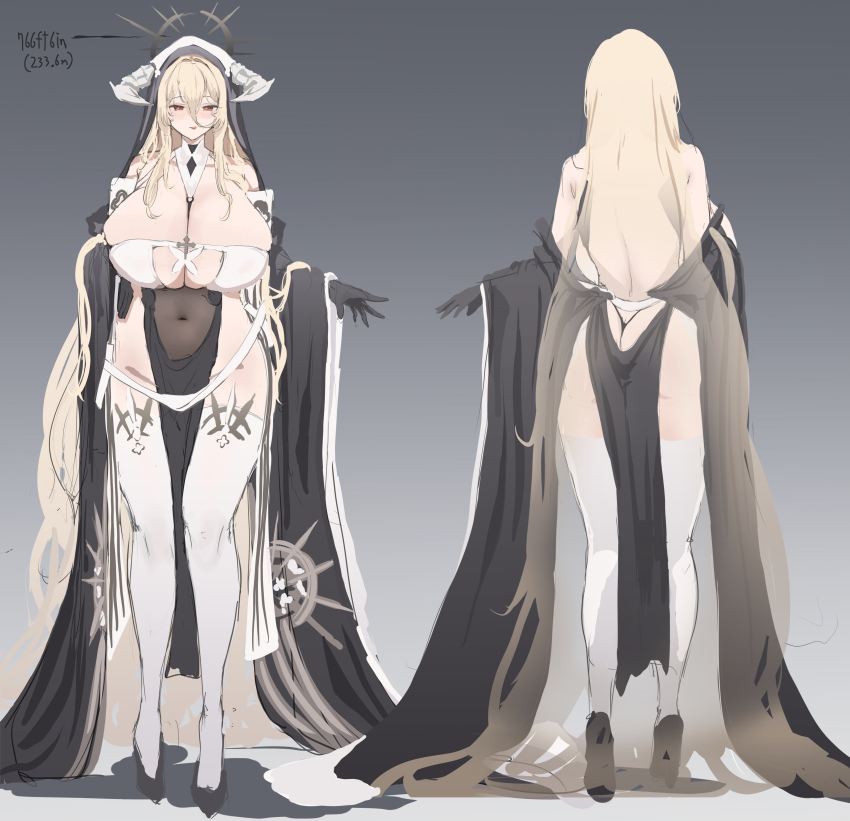 1girl absurdres ass azur_lane bare_shoulders black_gloves black_veil blonde_hair breasts cleavage commentary english_commentary facing_away fake_horns from_behind front_and_back full_body gloves hair_between_eyes height highres horns hth5k huge_breasts implacable_(azur_lane) long_hair looking_at_viewer multiple_views nun pelvic_curtain red_eyes revealing_clothes solo standing straight-on tall_female thighhighs veil very_long_hair white_horns white_thighhighs