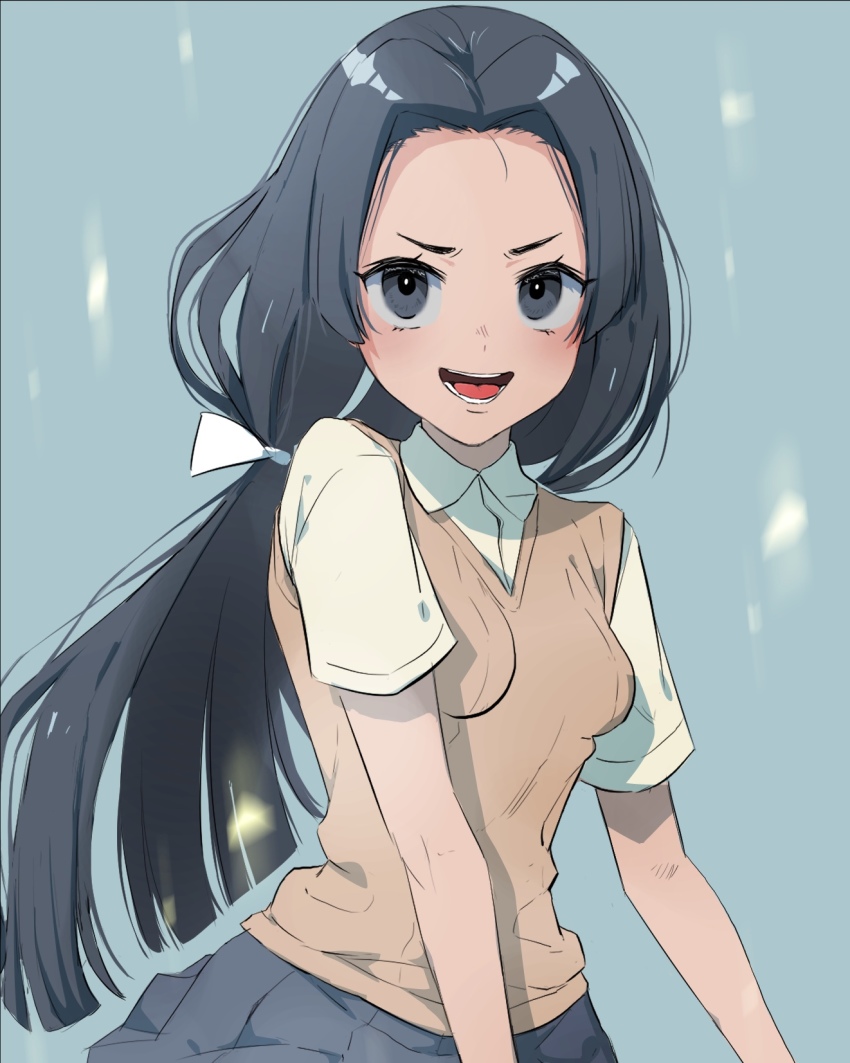 1girl black_eyes black_hair blue_background breasts brown_sweater_vest grey_skirt highres kongou_mitsuko long_hair looking_at_viewer mattai_(38myyyy) open_mouth school_uniform shirt skirt small_breasts solo sweater sweater_vest toaru_kagaku_no_railgun toaru_majutsu_no_index twintails
