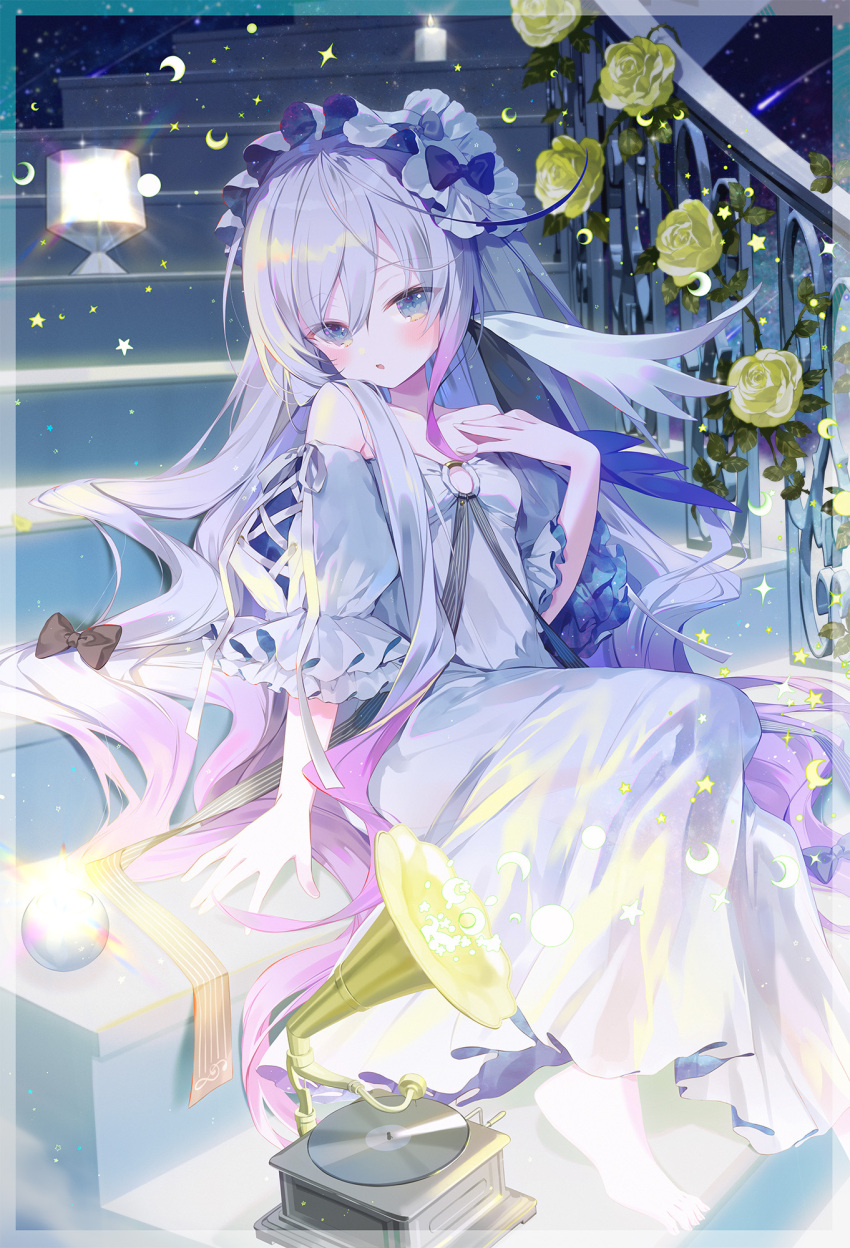 1girl bare_shoulders bird blue_eyes blush book bow dress flower highres ibara_riato long_hair looking_at_viewer multicolored_hair original rose sitting solo stairs very_long_hair white_dress yellow_flower