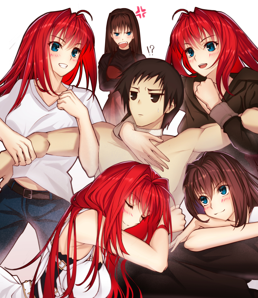1boy 5girls absurdres aozaki_aoko apron blue_eyes brown_hair brown_hoodie clone highres hood hoodie long_hair mahou_tsukai_no_yoru melty_blood multiple_girls red_hair shirt shizuki_soujuurou short_hair simple_background super_aoko toomishou topless_male tsukihime white_apron white_background white_shirt