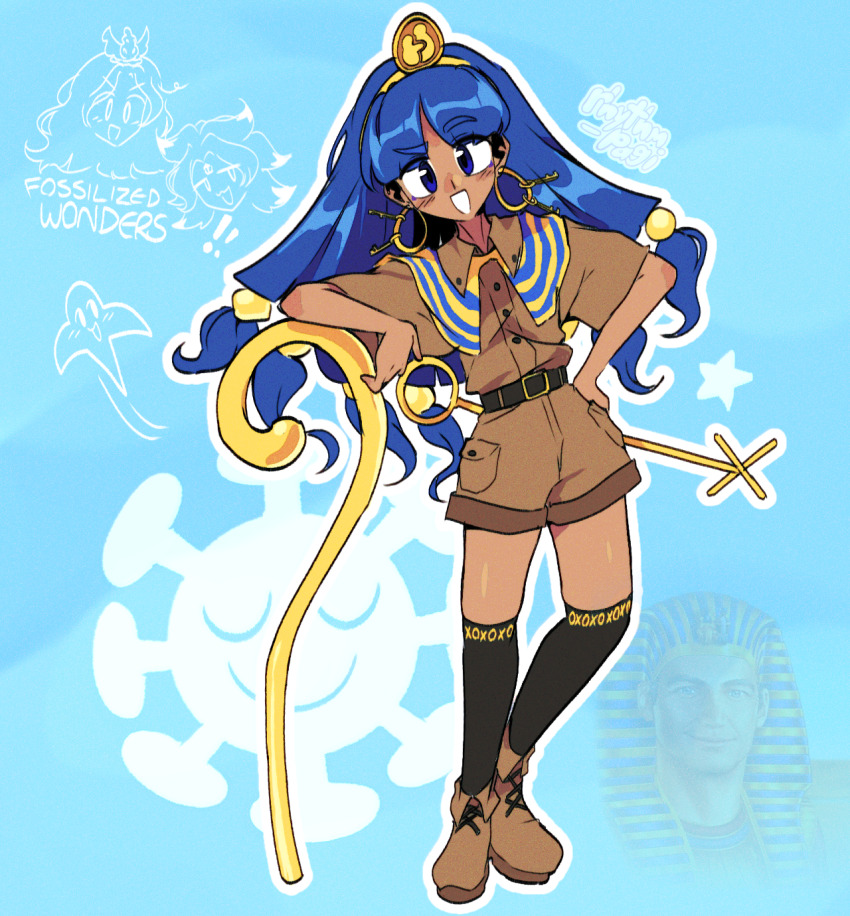 3girls alternate_skin_color black_thighhighs blue_background blue_eyes blue_hair boots brown_boots brown_shirt brown_shorts buttons chirizuka_ubame collared_shirt commentary copyright_name dark-skinned_female dark_skin earrings film_grain fossilized_wonders full_body hand_on_own_hip highres hoop_earrings houjuu_chimi jewelry key_earrings long_hair low-tied_long_hair meme michigami_nareko multiple_girls open_mouth parted_bangs rhythm_pagi scepter shirt short_sleeves shorts smile thighhighs touhou white_pharaoh_(meme)