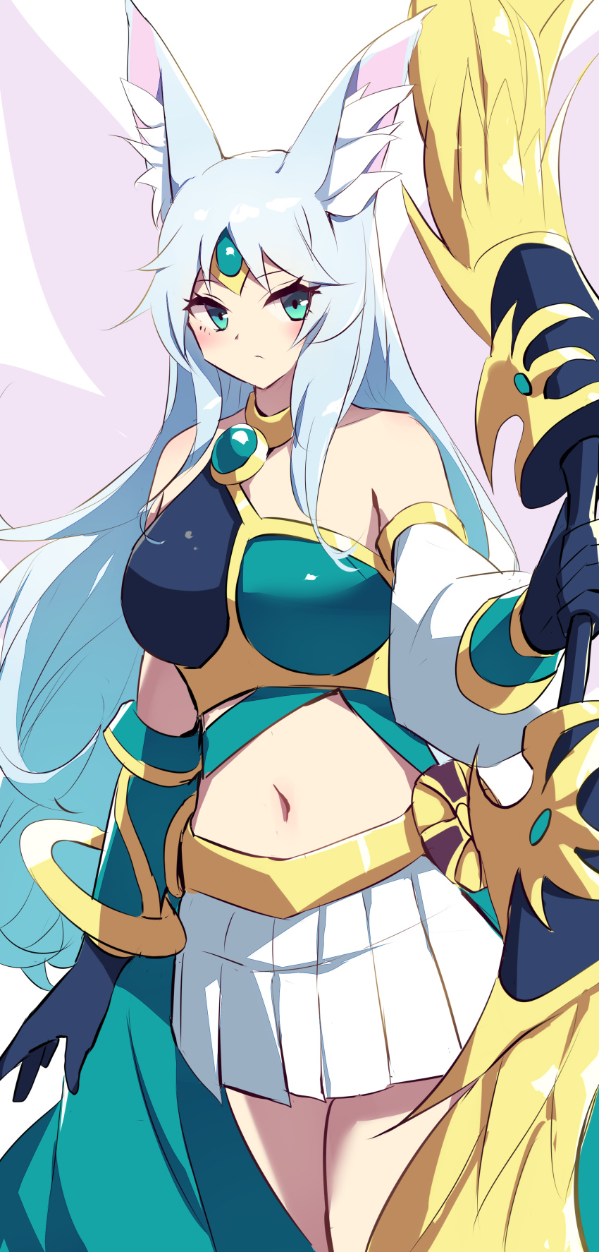 1girl absurdres animal_ear_fluff animal_ears apollousa_bow_of_the_goddess armor bare_shoulders blue_hair bow_(weapon) breastplate breasts cowboy_shot duel_monster highres holding holding_bow_(weapon) holding_weapon kanzakietc large_breasts long_hair midriff miniskirt navel pleated_skirt skirt solo tiara weapon white_skirt yu-gi-oh!