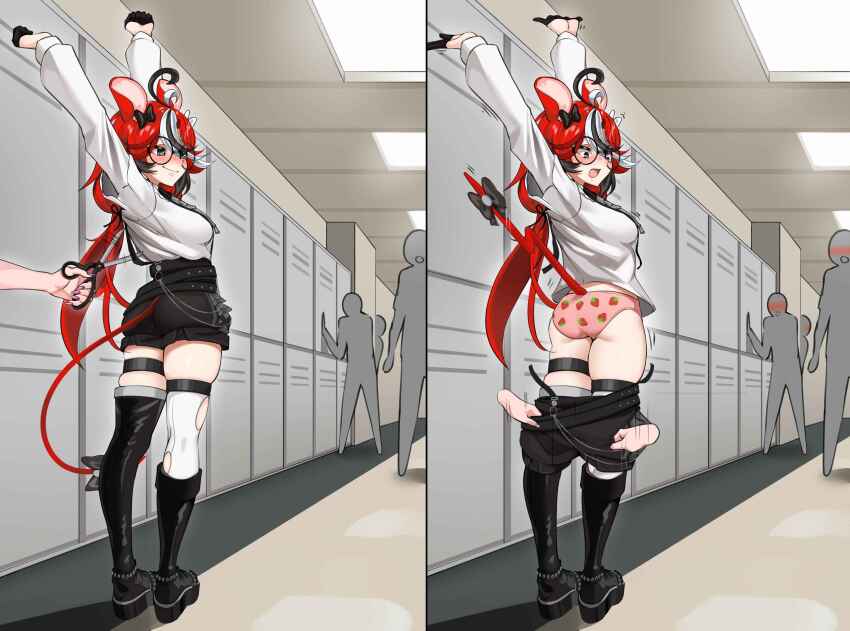 1girl 2koma absurdres animal_ears arms_up artselmetti ascot ass assisted_exposure asymmetrical_footwear back-print_panties black_boots black_gloves black_hair black_shorts blue_eyes blush boots bow breasts center_frills clothes_pull comic food_print frilled_shirt frills from_behind from_side fruit_print full_body glasses gloves grey_ascot hakos_baelz hakos_baelz_(steel_rose) half_gloves hallway high-waist_shorts highres hololive hololive_english indoors knee_boots layered_sleeves long_hair long_sleeves looking_afar looking_down looking_to_the_side low_twintails medium_breasts mouse_ears mouse_girl mouse_tail multicolored_hair no_coat no_headwear official_alternate_costume official_alternate_hair_length official_alternate_hairstyle panties pantsing people pink_panties platform_boots print_panties pulling_another&#039;s_clothes red_hair round_eyewear school shirt short_over_long_sleeves short_sleeves shorts shorts_pull single_knee_boot single_thigh_boot single_thighhigh skindentation solo_focus strawberry_panties strawberry_print streaked_hair stretching suspender_shorts suspenders tail tail_bow tail_ornament thigh_boots thigh_strap thighhighs torn_clothes torn_thighhighs twintails twisted_torso underwear very_long_hair virtual_youtuber wallet_chain white_hair white_shirt white_thighhighs