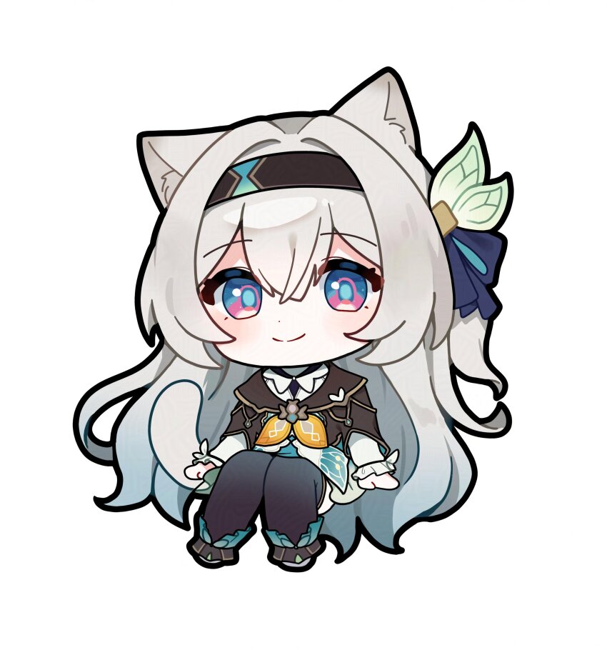 1girl absurdres animal_ears black_hairband blue_pupils cat_ears cat_girl chibi cropped_jacket ddugi0506 firefly_(honkai:_star_rail) frilled_sleeves frills hair_ornament hair_ribbon hairband highres honkai:_star_rail honkai_(series) long_hair long_sleeves multicolored_eyes multicolored_hair multicolored_thighhighs neckerchief orange_neckerchief ribbon simple_background sitting thighhighs two-tone_eyes white_background