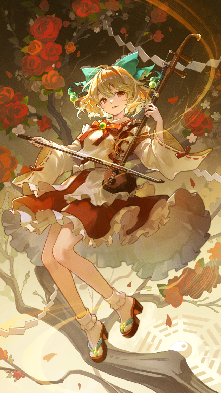 1girl adapted_costume blonde_hair bobby_socks bow bow_(music) commentary_request commission detached_sleeves erhu flower frilled_sleeves frills full_body green_bow hair_bobbles hair_bow hair_ornament happy highres instrument japanese_clothes kariginu kyusoukyu long_sleeves music neck_ribbon parted_lips playing_instrument red_ribbon red_sandals red_skirt ribbon rose sandals satsuki_rin shirt short_hair skeb_commission skirt socks solo touhou tree white_shirt white_sleeves white_socks wide_sleeves yellow_eyes