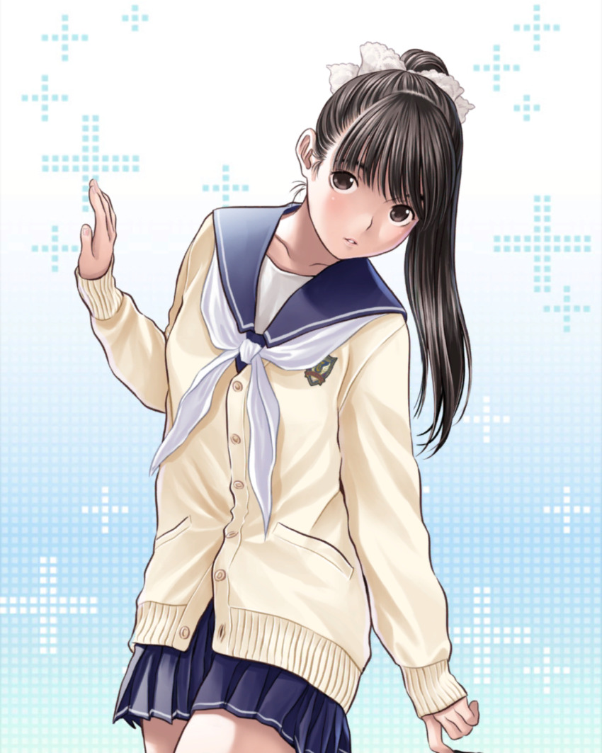 1girl aqua_background black_hair blue_sailor_collar blue_skirt blush brown_eyes cardigan collarbone cowboy_shot gradient_background hair_ribbon hand_up head_tilt highres long_hair long_sleeves looking_at_viewer love_plus multiple_girls neckerchief official_art parted_lips pink_lips pleated_skirt plus_sign ponytail ribbon sailor_collar school_uniform serafuku skirt solo takane_manaka upturned_eyes white_neckerchief winter_uniform yellow_cardigan