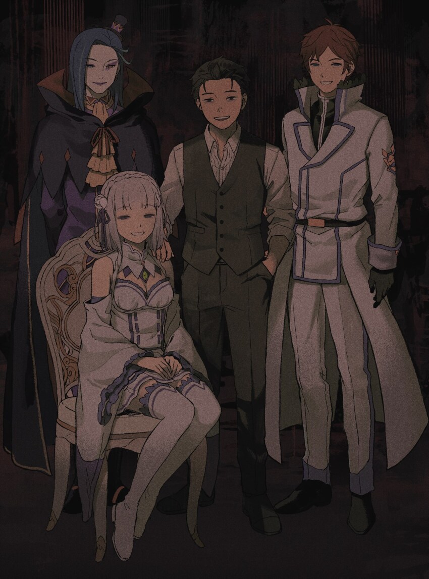 1girl 3boys alternate_hair_length alternate_hairstyle alternate_universe ascot bare_shoulders belt black_hair boots breasts brown_hair buttons chair cleavage cloak commentary_request detached_sleeves duplicate emilia_(re:zero) flower gloves hair_flower hair_ornament hair_ribbon hand_in_pocket hand_on_another&#039;s_shoulder hands_on_lap hat high_collar highres iwamushi mini_hat multiple_boys natsuki_subaru own_hands_together pants purple_ribbon re:zero_kara_hajimeru_isekai_seikatsu re:zero_kara_kasaneru_isekai_seikatsu reinhard_van_astrea ribbon roswaal_l._mathers shirt shoes short_hair sitting skirt smile standing teeth thigh_boots thighhighs upper_teeth_only vest white_flower white_footwear white_hair white_pants white_shirt x_hair_ornament